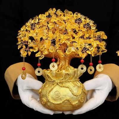 Natural Yellow Crystal Lucky Money Tree Chinese Style Attract Wealth Crystal Wealth Tree Feng Shui Fortune Ornament Home Decor