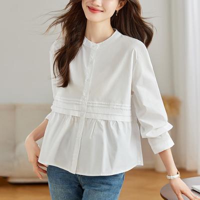Camisa Listrada Feminina Design de Primavera Gola Redonda Manga Longa Fileira Única Multi Botões Top para o Dia a Dia
