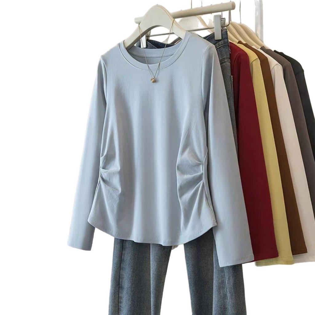 2025 Autumn Pure Cotton Pleated Long Sleeve Korean Style Plus Size Slimming Top