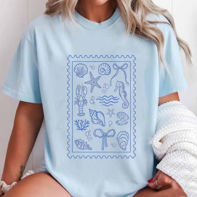 Coquette Seashell T Shirt Coastal Summer Tee Beachy Shell Swim Crewneck TShirt Trendy Shellfish Ocean Bow Tshirt Unisex Clothing