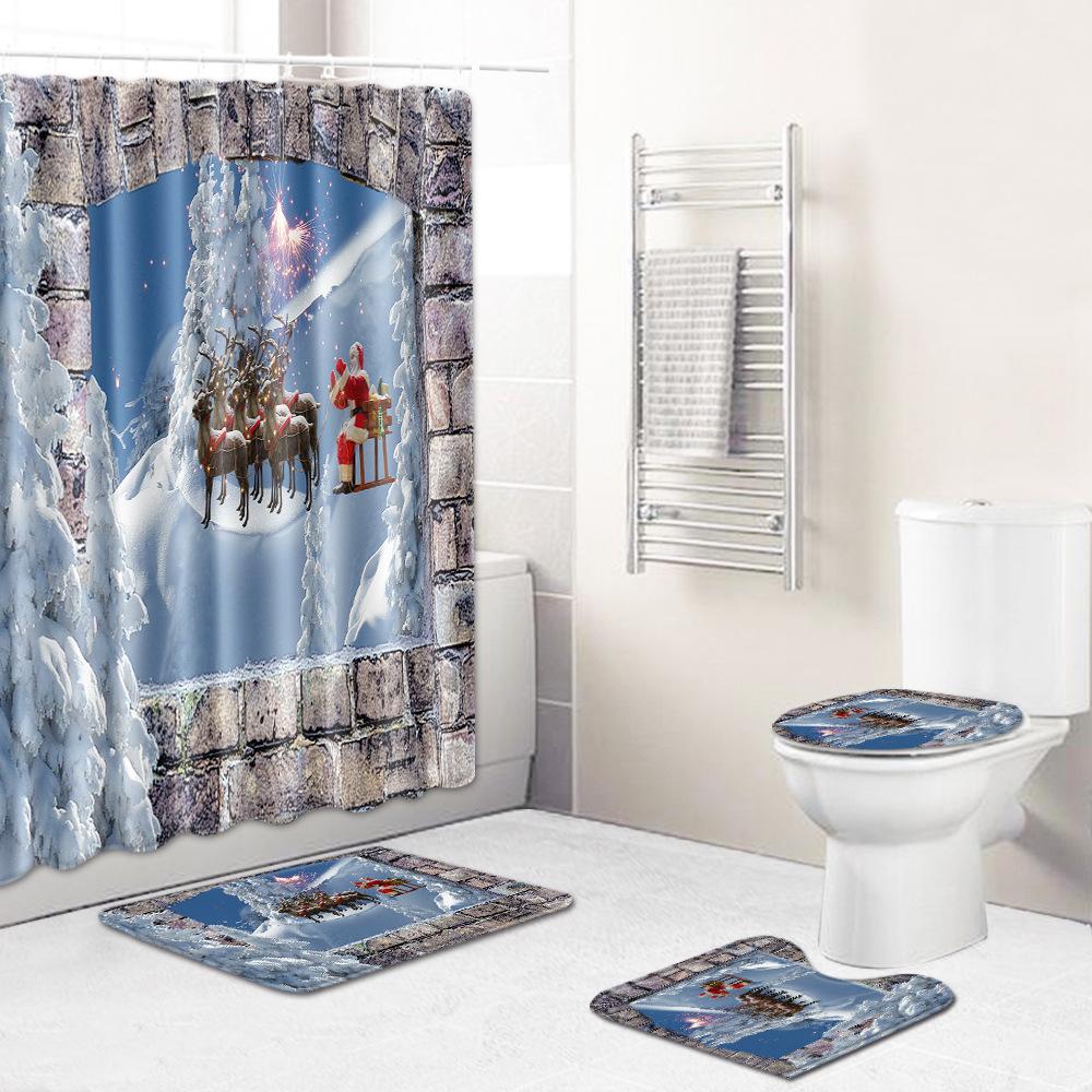 Christmas Toilet Seat Shower Curtain Four-Piece Printed Floor Mat Set Bathroom Floor Mat Bedroom Absorbent Door Mat Carpet