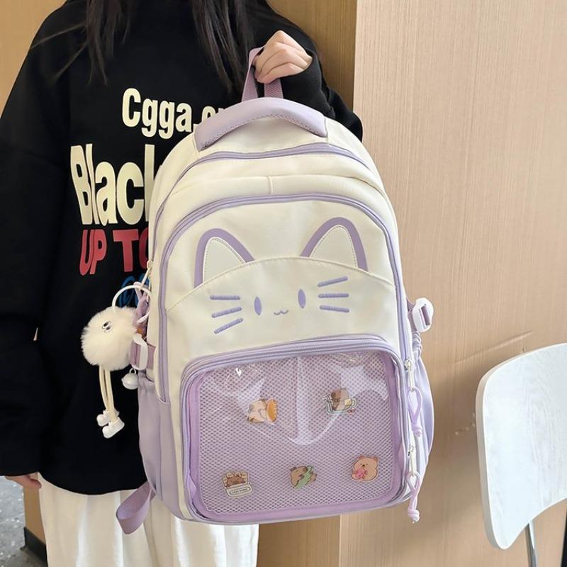 Japanese Ins Cute Cat Backpack Female Transparent Bar Pain Bag New Large-capacity Schoolbag Middle School Student Backpack
