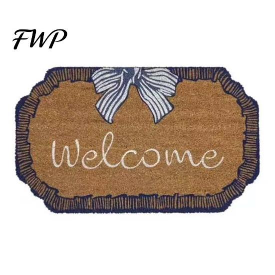 Decorative Floor Mat Welcome Coir Doormat Natural Coconut Fiber Doormat, Non-Slip Outdoor Entry Rug Non-slip with Blue & White Bow, Porch Decor 40*60cm