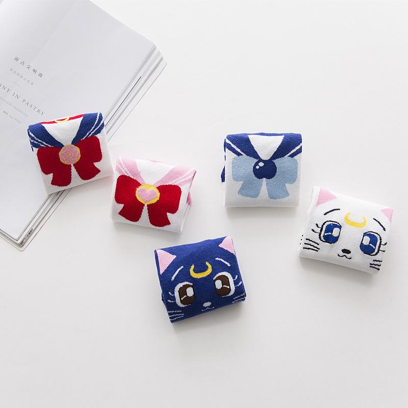 Women Anime Sailor Bow Socks Cute Girls Kawaii Girls Cartoon Blue Cat White Kitty Socks JK Uniform Wearing Birthday Gifts