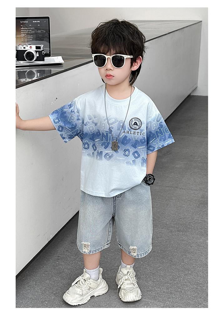 Boys' Loose Short Sleeved Summer Outfit Children's Set 2026 New Style Baby Korean Style Handsome Ripped Jeans Two-piece Set