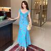 Summer New Korean Version of High-waisted Vacation V-neck Floral Suspender Dress Women's Summer Beautiful Fishtail Dress
