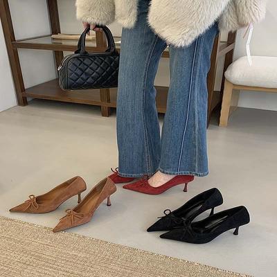 2025 New Spring and Autumn Bow Pointed Head Thin Heel High Heels Women's Shallow Mouth Single Shoes Suede Temperament Versatile Work Shoes