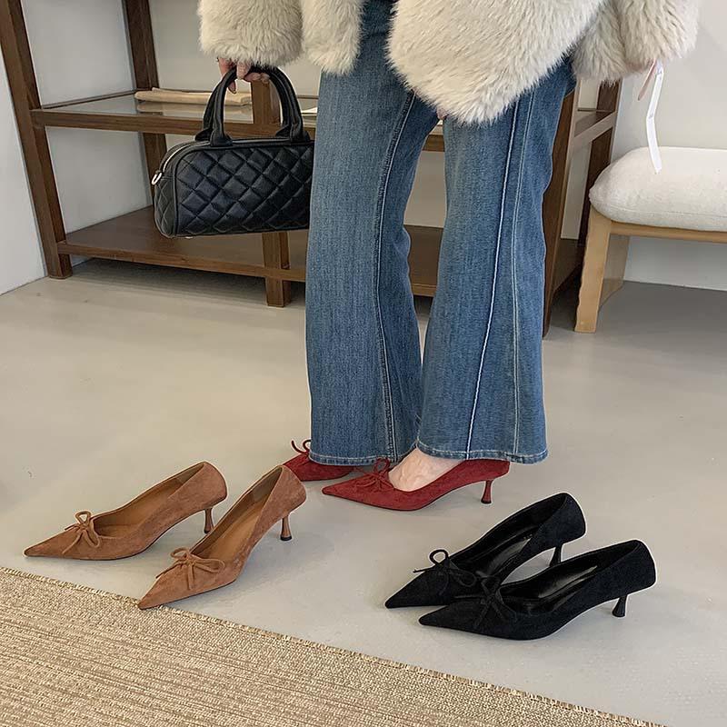 2025 new spring and autumn bow pointed head thin heel high heels women's shallow mouth single shoes suede temperament versatile work shoes