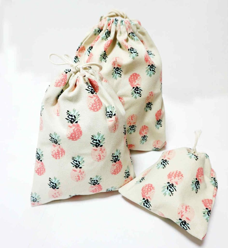 [Sasuga] [Lichidare de stoc] Geantă cu șnur (Mare, Mediu, Mic, Set 3 Piese, Geantă de călătorie din bumbac pentru pahare (Ananas)