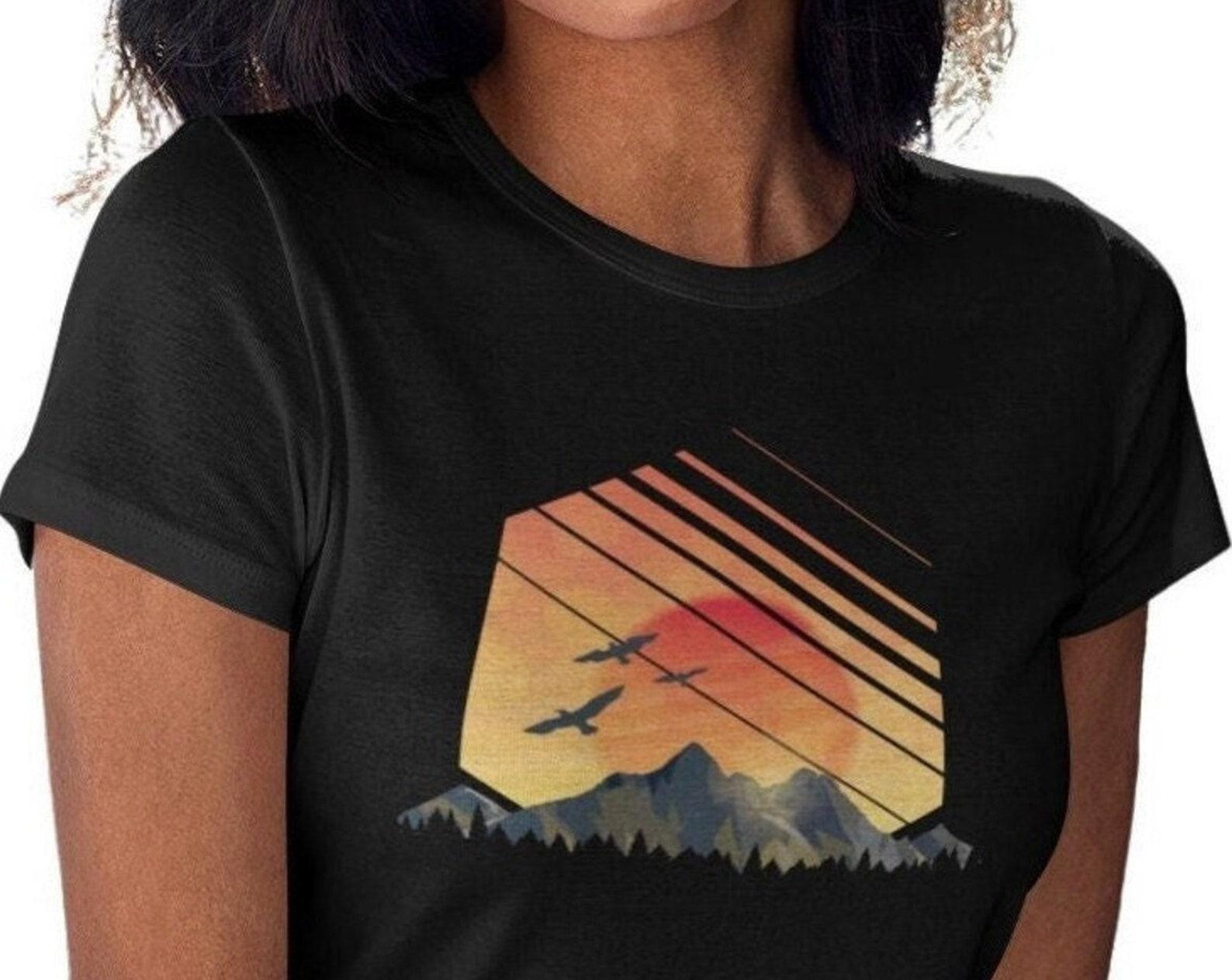 Sunset Women s T-shirt Nature Graphic Mountains Motif Shirt Woman Hiking Print T-shirt XL