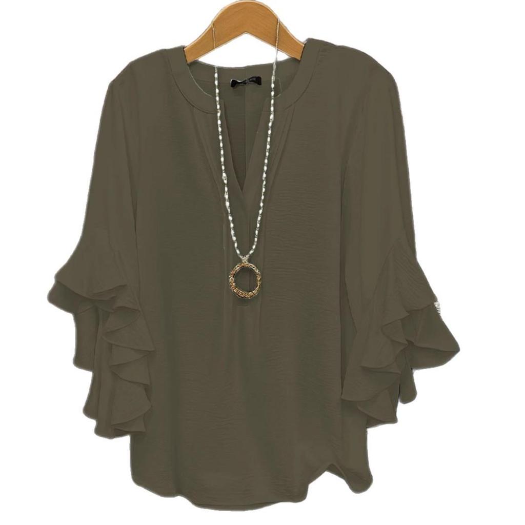 Top a Sette Quarti con Maniche a Foglia di Loto Tinta Unita alla Moda Casual Ampio Scollo a V Bluse e Camicie da Donna per il Lavoro