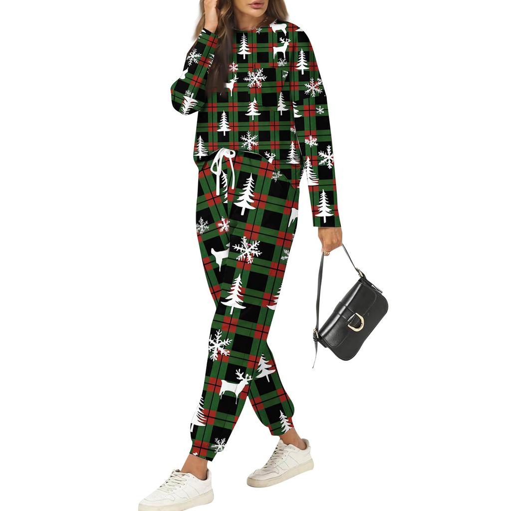 Sets For Women 2 Piece Round Neck Long Sleeve Shirts Printed Sweatpants Pocket Sets
