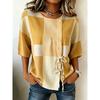 Women's Rust Plaid Print Drawstring Button Up Blouse, Casual Round Neck Tops for Spring Summer Daily Vacation Wear