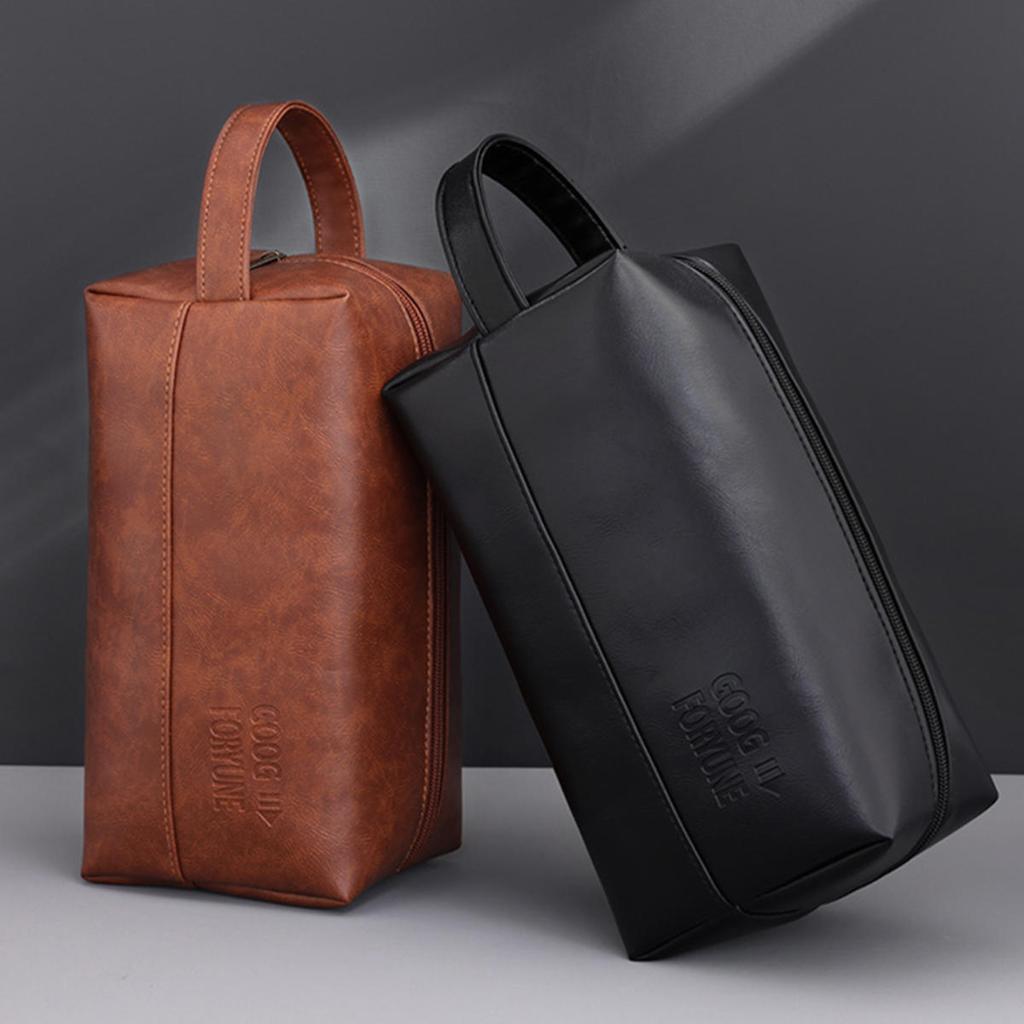 Men Leather Travel Business Shaving Cosmetic Bag Portable Toiletry Bag Large Capacity Organizer Handheld Toiletry Kits