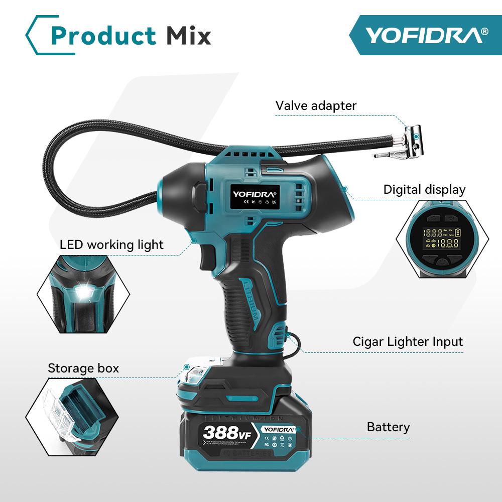 Yofidra 1100kpa Electric Air Pump Cordless Inflatable Pump With Digital Display Portable Car  Pneumatic Tool For Makita 18V Battery