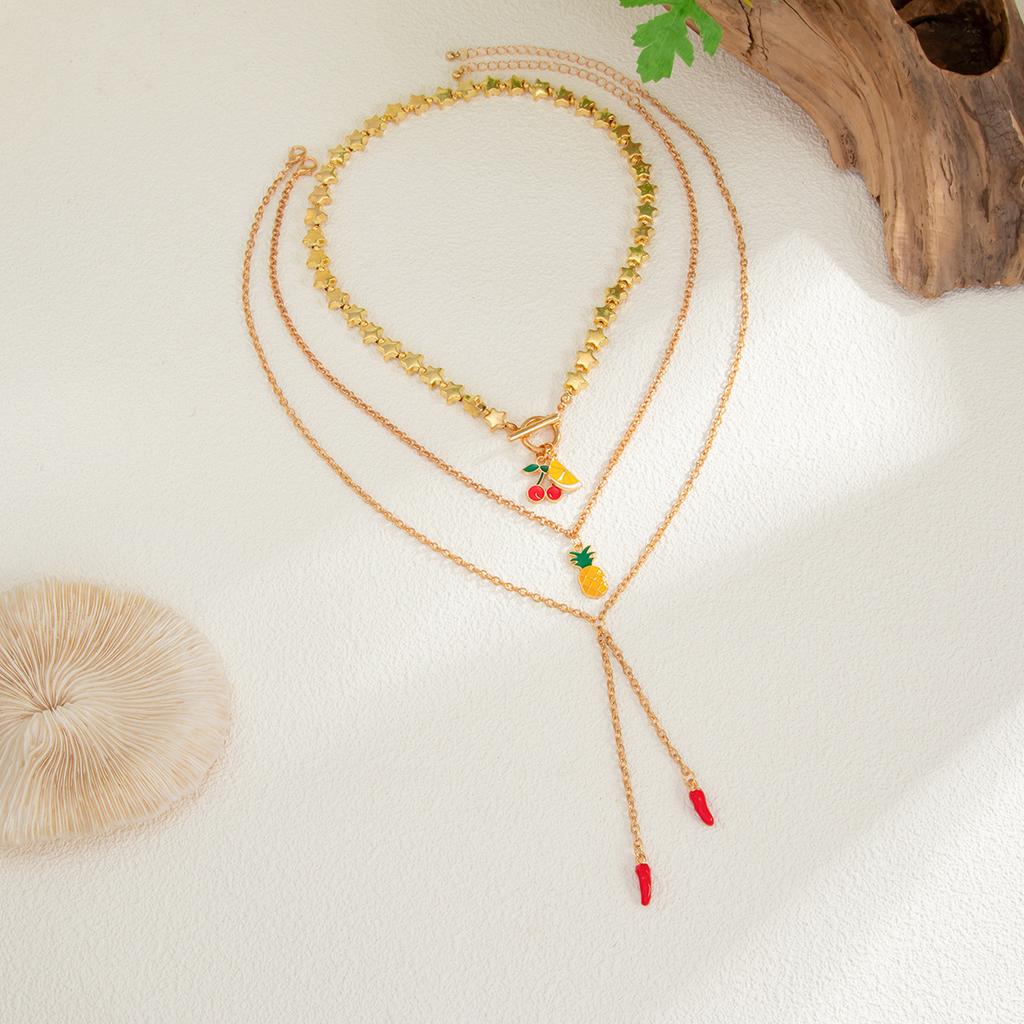 Creative Dripping Cherry Pineapple Fruit Necklace, Fashionable Pentagram Beaded Necklace For Women