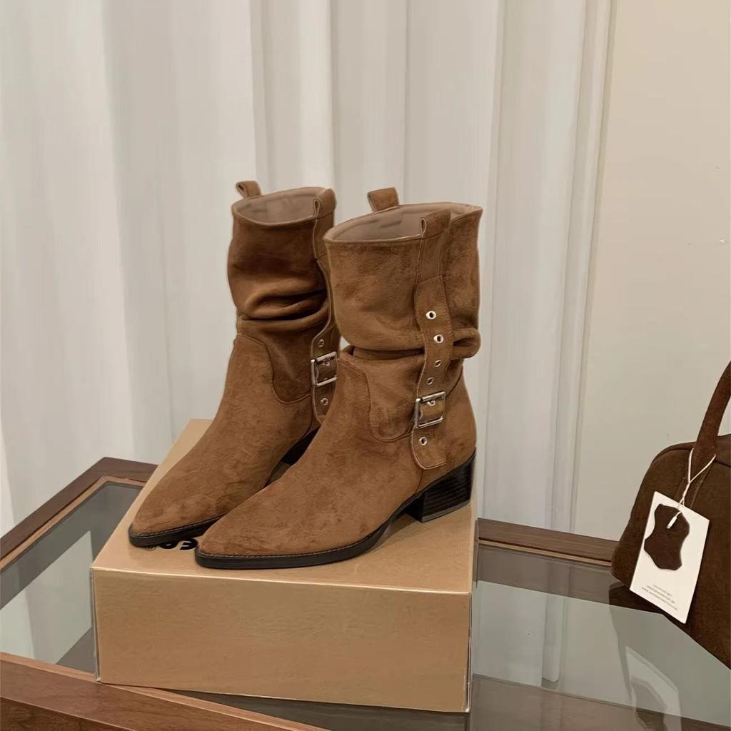 High Heel Pointed Skinny Suede Martin Boots Women's Boots 2026 Autumn/Winter Western Cowboy Medium Boots Pile Boots Short Boots