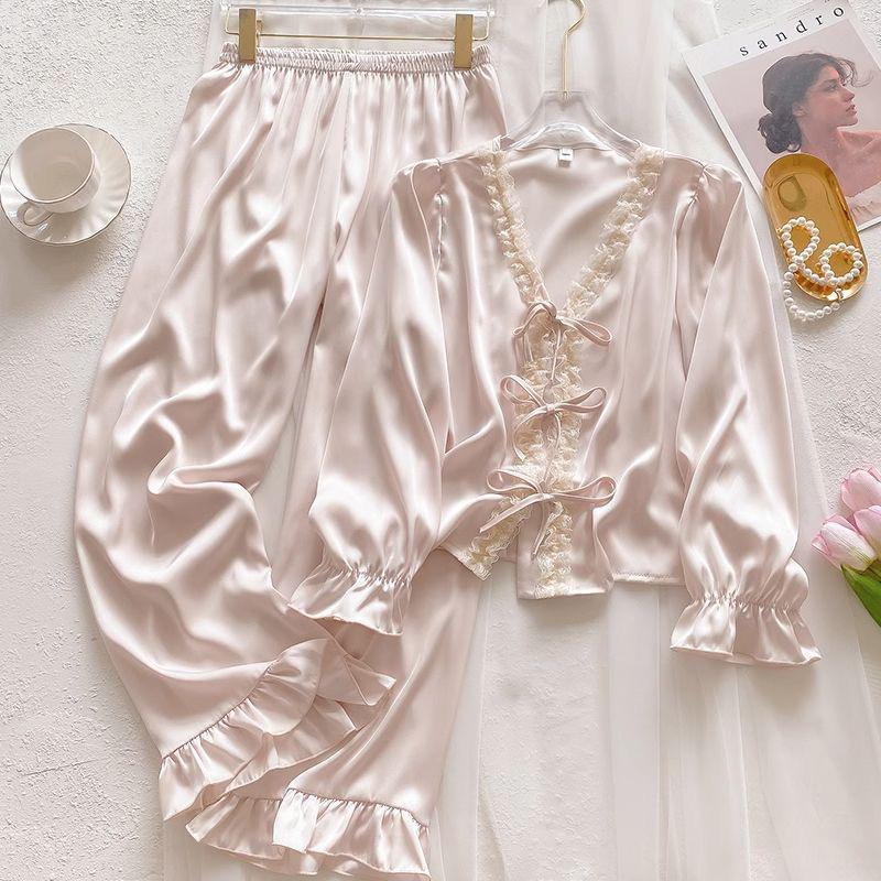 2025 Spring/Autumn Women's French Ice Silk Lace Pajama Set - Sweet Home Wear