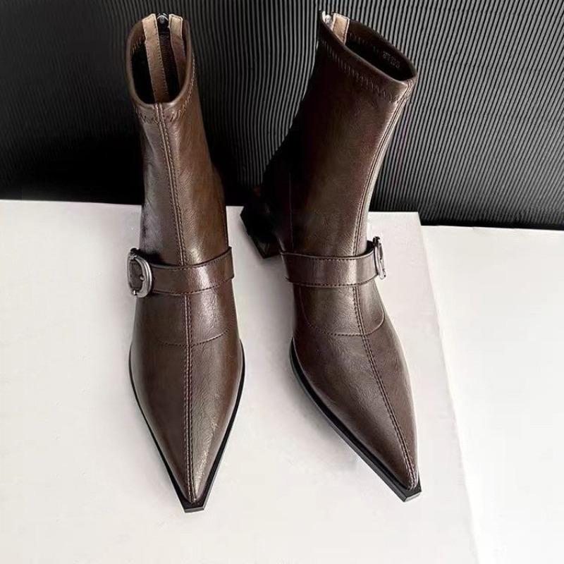 Pointed Toe Heeled Ankle Boots For Women Mid Heels Leather  Winter Trend Gothic Boots Pumps Walking Retro Mujer Botas