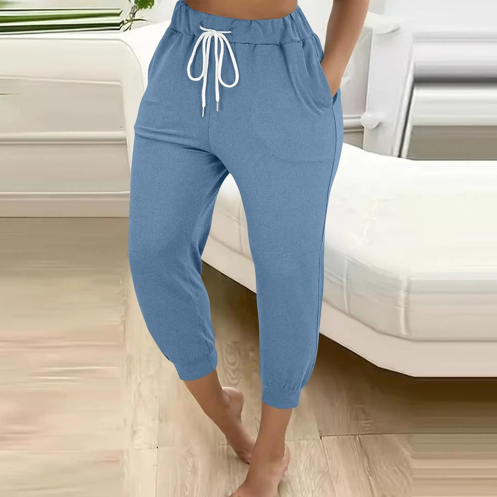 Women's Solid Color Loose Slimming Running Fitness Pants High Waist Lace-up Small Foot Pocket Nine-inch Pant
