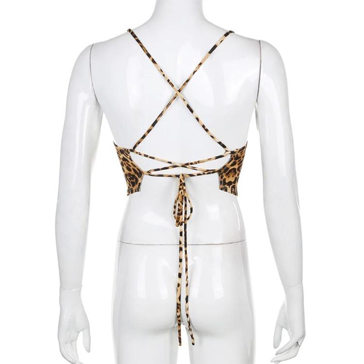 Leopard Pattern Women Tank Tops Backless Sexy Rave Outfits Sleeveless Cross Lace Up Bralette Crop Top Summer Streetwear