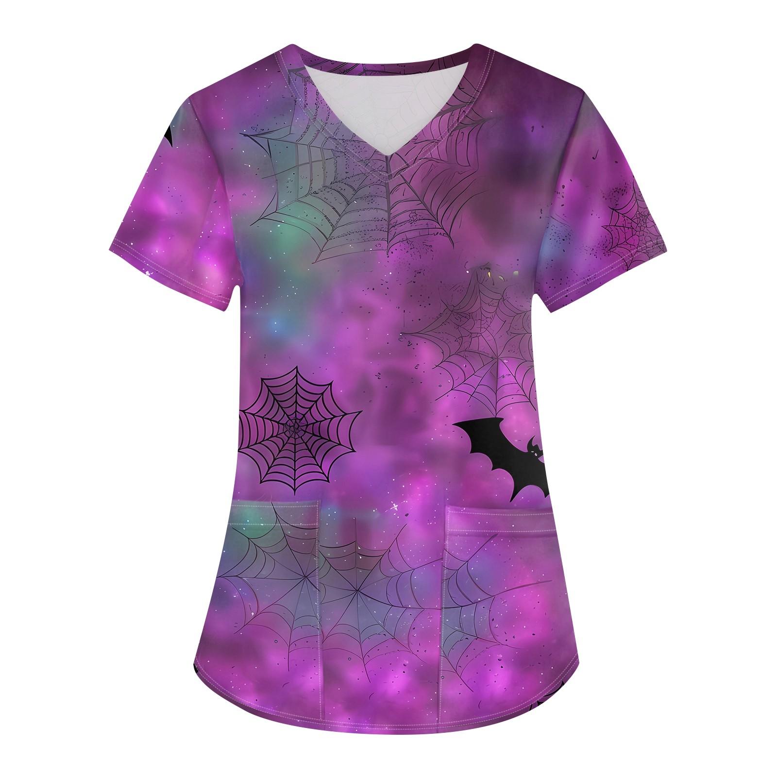 

Женская мода V-образным вырезом с короткими рукавами и карманами Топы с принтом на Хэллоуин M