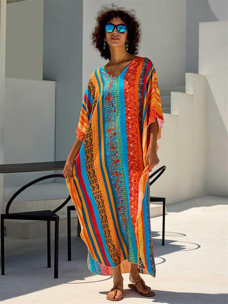 EDOLYNSA 2024 Bohemian Colorful Printed Free Kaftan Mrs Roper Long Dress Summer Vacation Beach Swimsuit Cover Up Cozy Homewear Robe Q1690