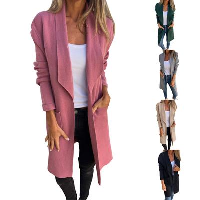 Cardigan tricoté mi-long à col décontracté pour femme, veste en laine fine