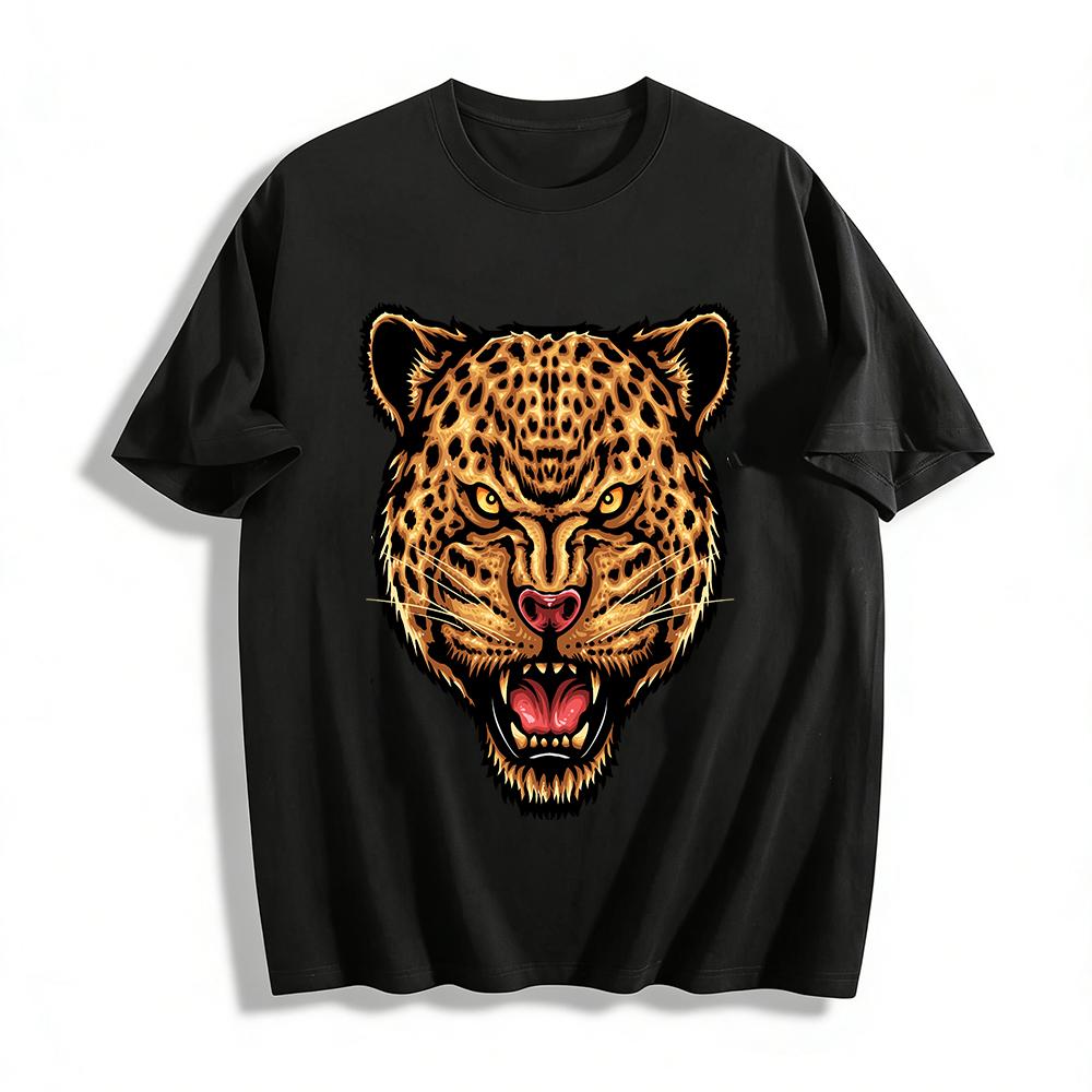 Fierce Leopard Head Print Trendy Casual Loose Crew Neck T-Shirt Pure cotton T-shirt XXS
