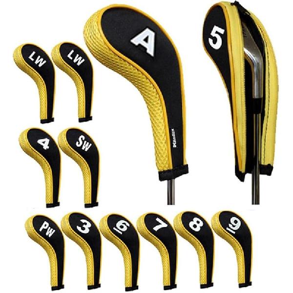 Andux 12pcs/Set Golf Iron Club Head Covers Number Print Long Neck with Zipper Black/yellow