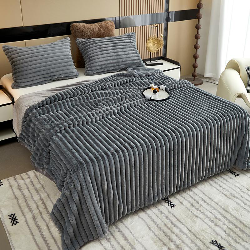 Solid Colour Three-dimensional Stripes Drawstring Rabbit Hair Cover Blanket Winter Soft Warm Double Layer Thickening Cover Blanket