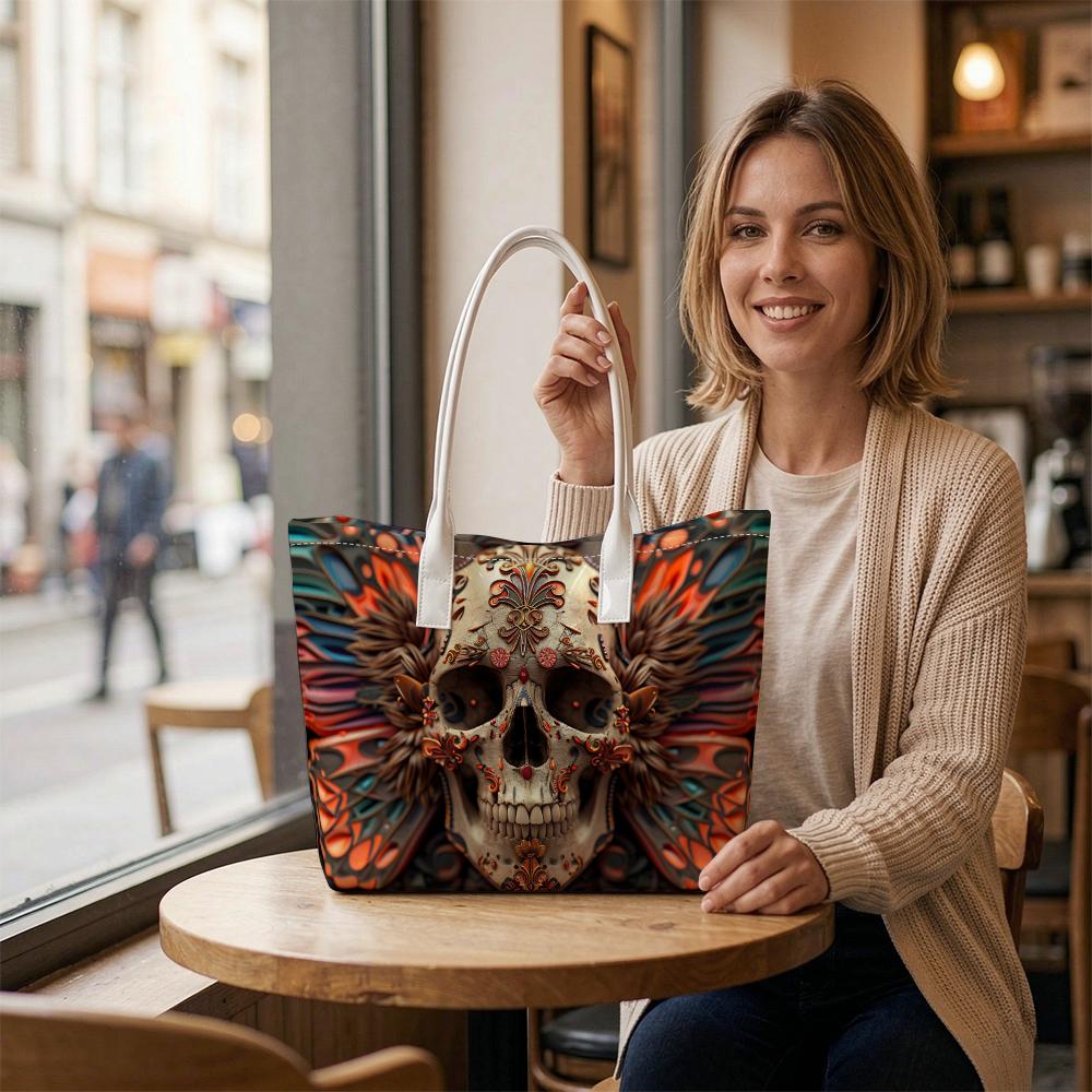 Gothic Skull Pattern Tote Bag Fashion Daily Use Portable Large Capacity Shopping Handbag