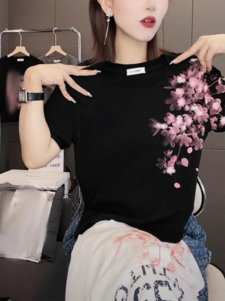 Large size foreign style printing round neck short-sleeved T-shirt women's summer slightly fat MM slim and thin fashion casual versatile top