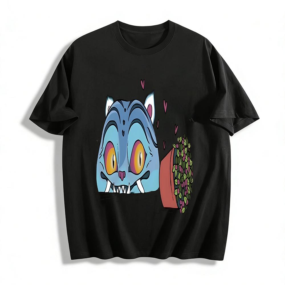

Cute Blue Big Face Beast Loves Potted Plant Printed Top Unisex Loose Breathable T-Shirt Pure cotton T-shirt XXS