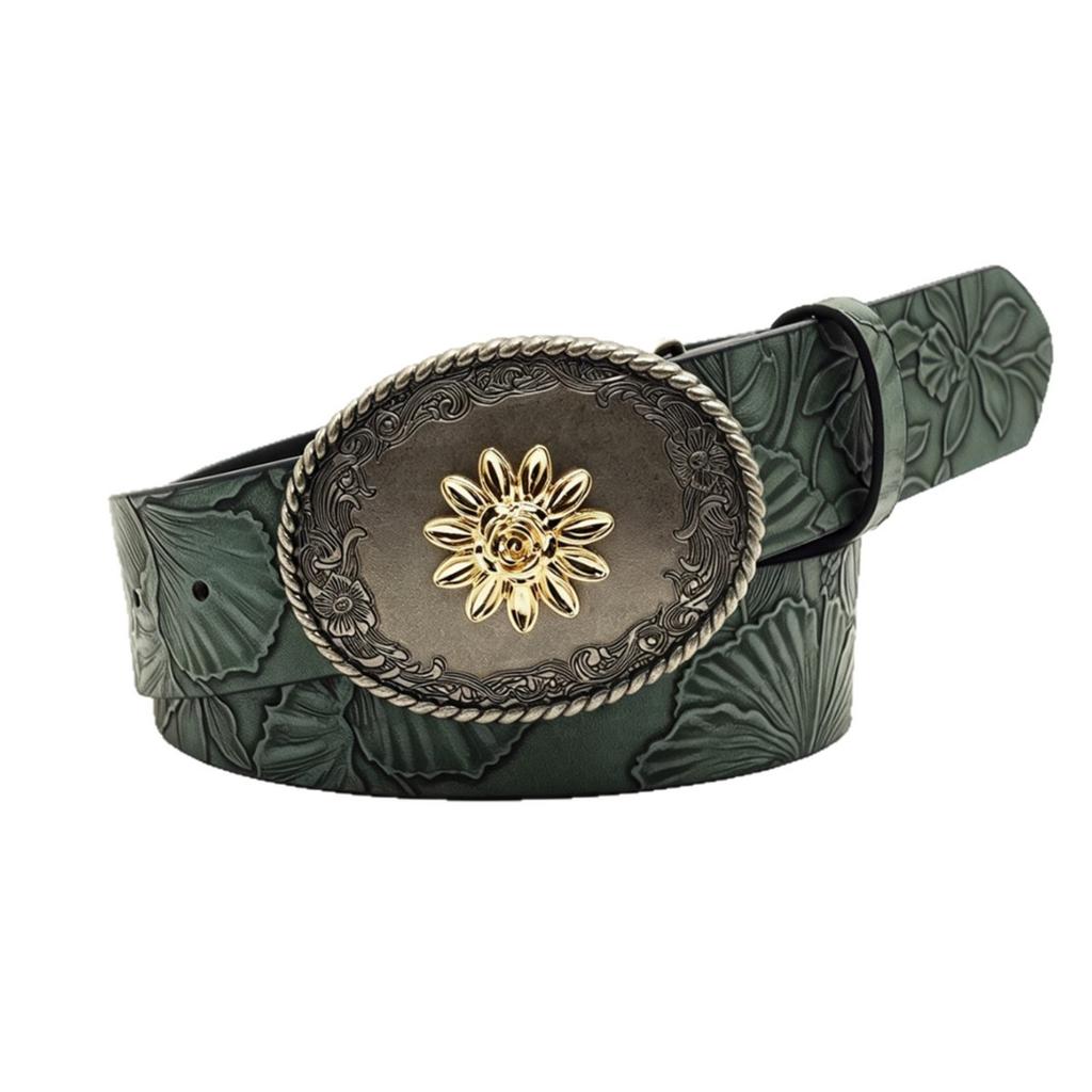 Retro Sunflower Metal Buckle Belt Female, Floral Embossed Wide Belt, Skirt Retro Style Decorative Belt
