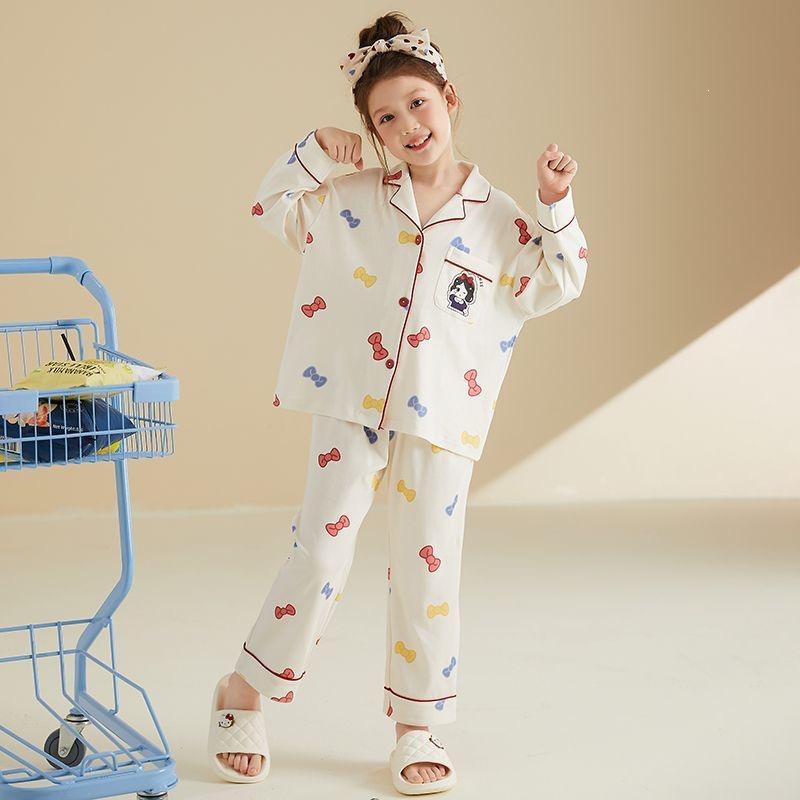 Girls' Spring/Autumn Cartoon Pajama Set: Stylish Cardigan, Thin Long Sleeve, Long Pants, Loose Fit, Cute & Cozy Home Wear