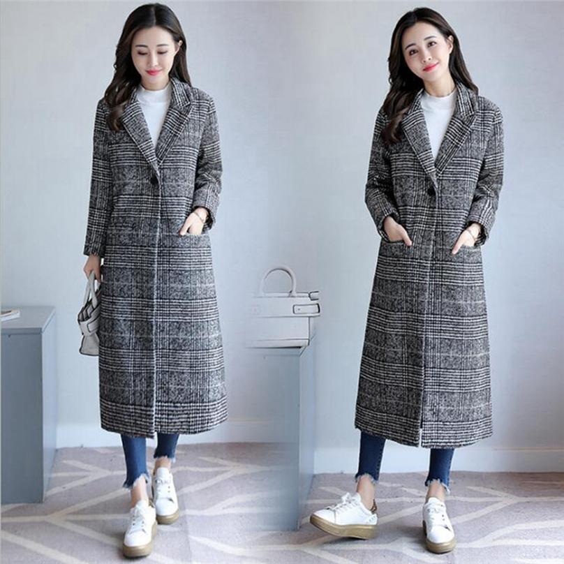 Autumn Korean Style Fashion Women's Plaid Woolen Jacket Slim Thin Long Thick Coat