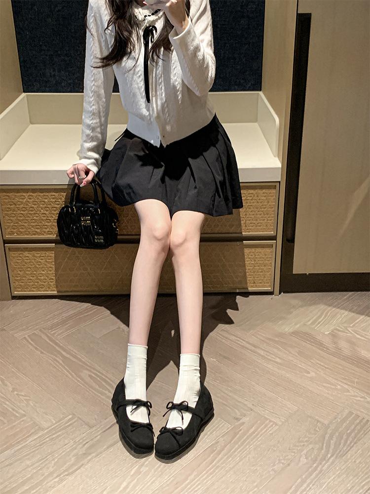 Cowhide version~ Fairy wind shallow mouth 4cm inner height increase French bow flat Mary Jane ballet shoes women's single shoes