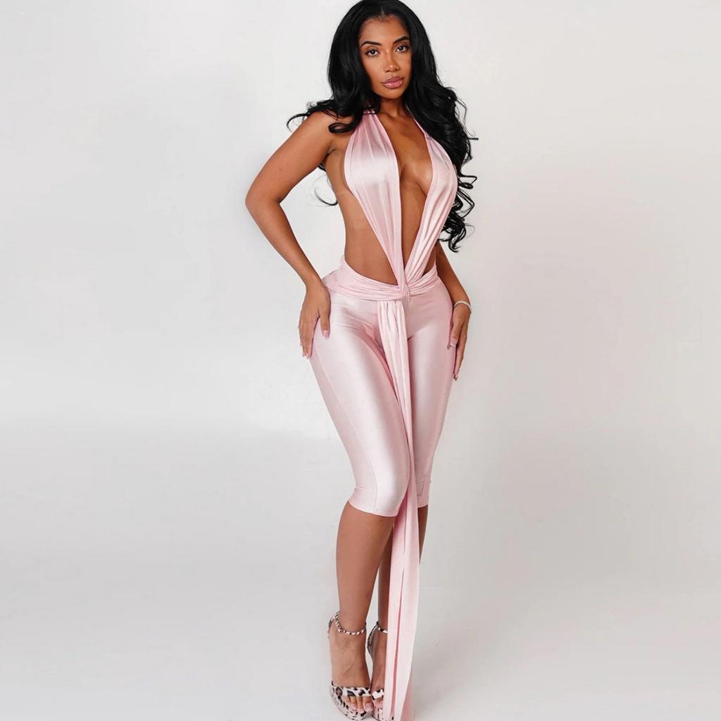 Fall European American Style Solid Color Sexy Sleeveless Halter Backless Tight Jumpsuit