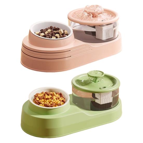 Katt Vann- og Matdispenser 2-i-1 Automatisk Kattefôrmater 1L Kattevannfontene og Matskålsett for Innekatter Små Hunder