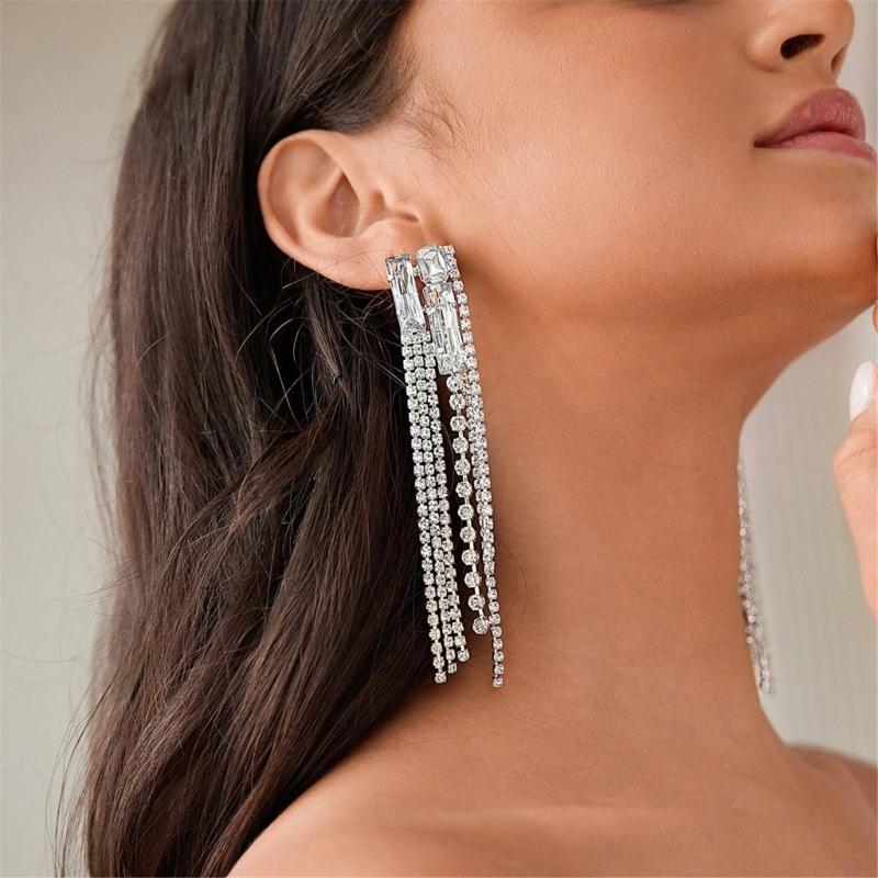 Long Crystal Fringe Earrings Slimming Design for Round Faces Sparkling Crystals for Parties Daily Wear Comfortable