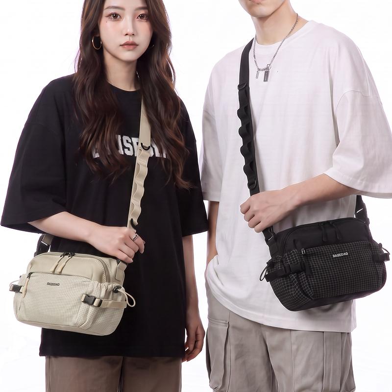 Colorblock Nylon Crossbody Bag with Grid Pattern Front Pocket Casual Sling Purse for Daily Travel