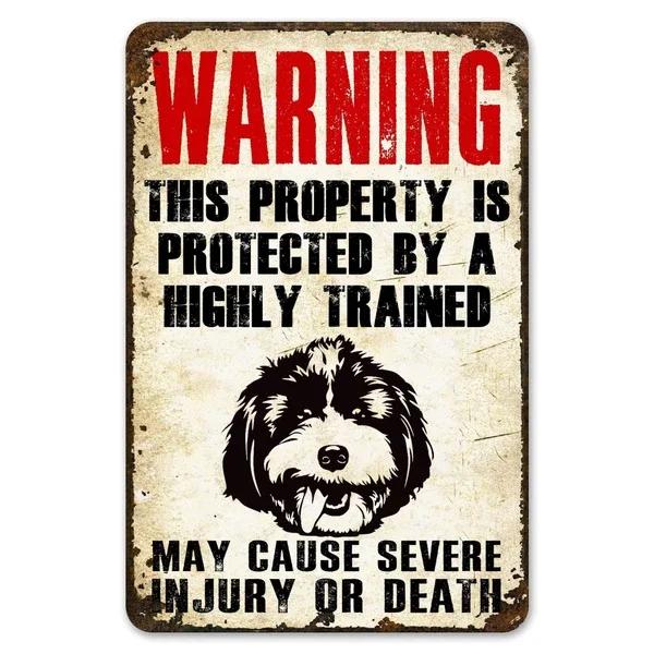Warning This Property Is Protect By Labradoodle Dog Tin Sign Vintage Farm Decor Art Pet Lover Tin Metal Sign