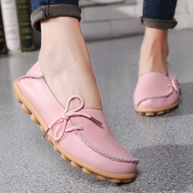 New Moccasins Women Flats  Autumn Woman Loafers Genuine Leather Female Shoes Slip On Ballet Bowtie Women 'S Shoes Big Size