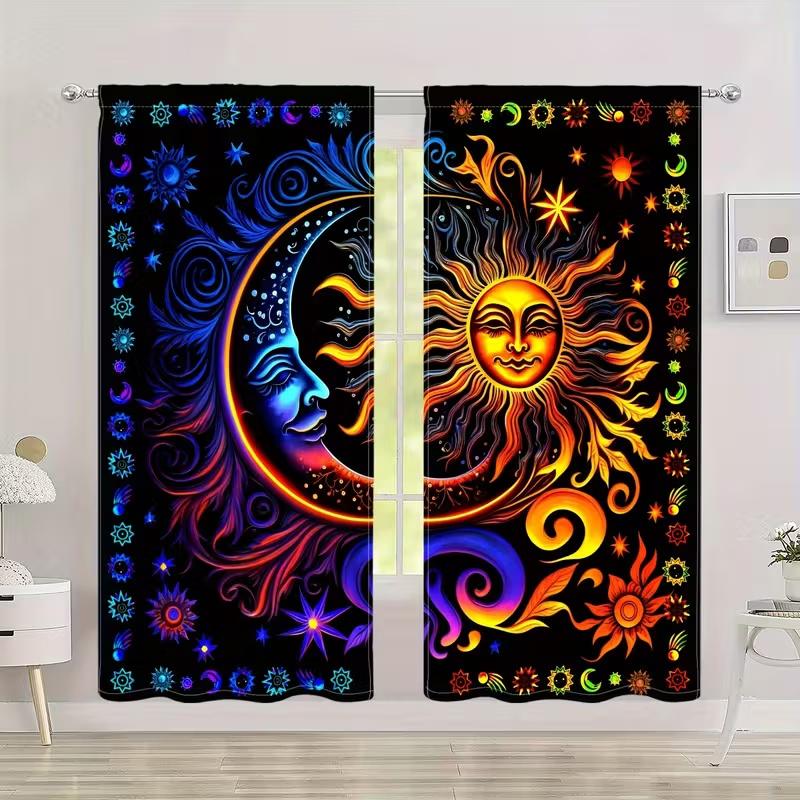 2 Pcs Sun and Moon Print Curtains  Suitable for Bedroom  Living Room Kitchen Decoration  Home Decoration  Window Decoration