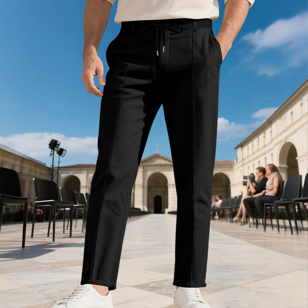 Men's Casual Loose Fit Dress Pants Elastic Waistband Drawstring Trousers Straight Leg Comfortable Workwear Bottoms