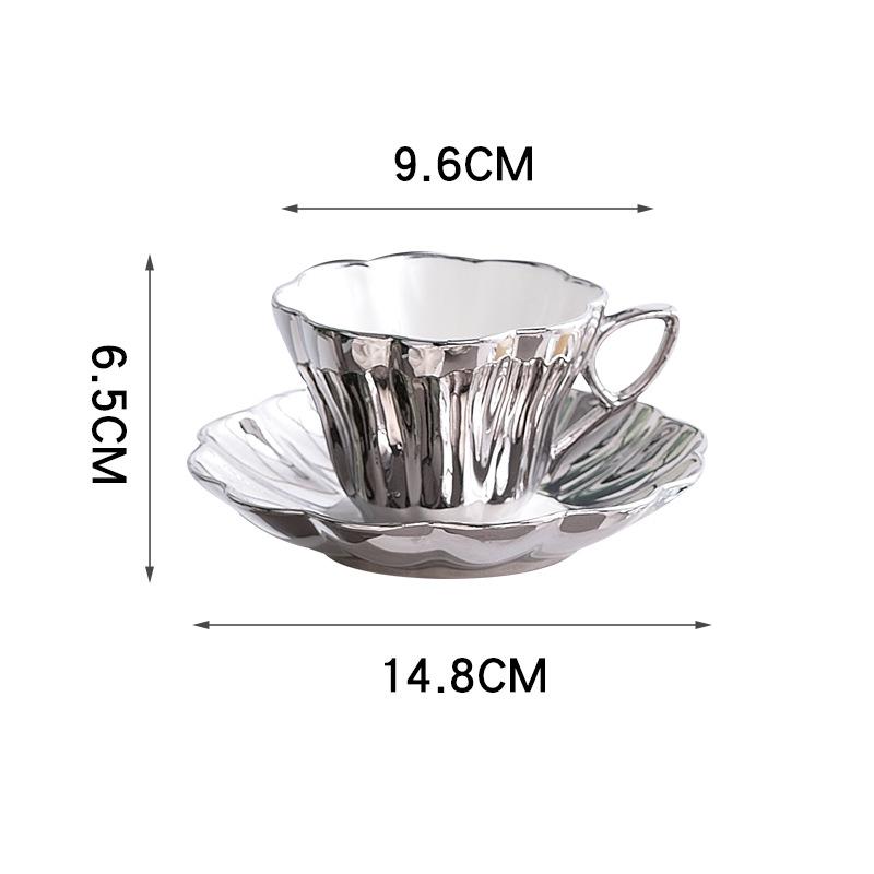 200ML European Ceramic Coffee Cup and Saucer Electroplated Silver Mug Petal-shaped Breakfast Mug Afternoon Tea Flower Tea Cup 200ml