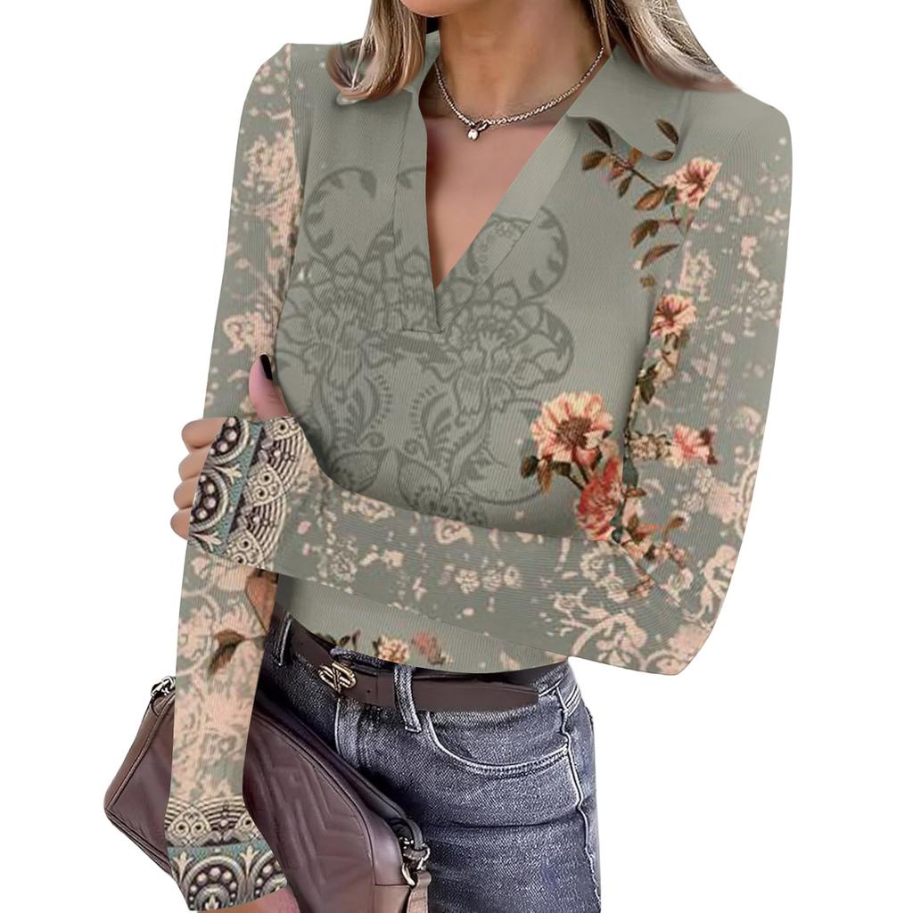 Damenmode Lässig Bedruckt V-Ausschnitt Langarm Knopfleiste Oberteil