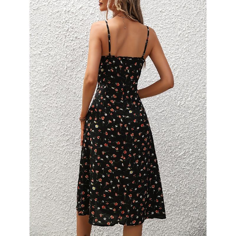 2026 Summer New Style Women's Floral Print Slit Camisole Dress Polka Dot Casual Long Dress