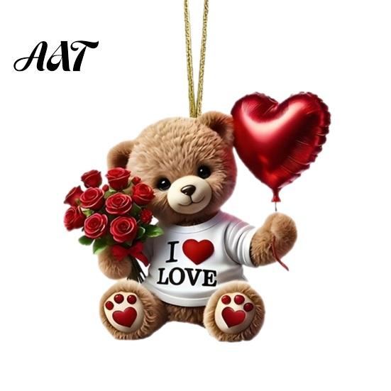 Heart Balloon Hanging Decoration Teddy Bear Ornament, Holding Red Rose Bouquet Decoration, Ornament Car Rearview Mirror 2D Flat Acrylic
